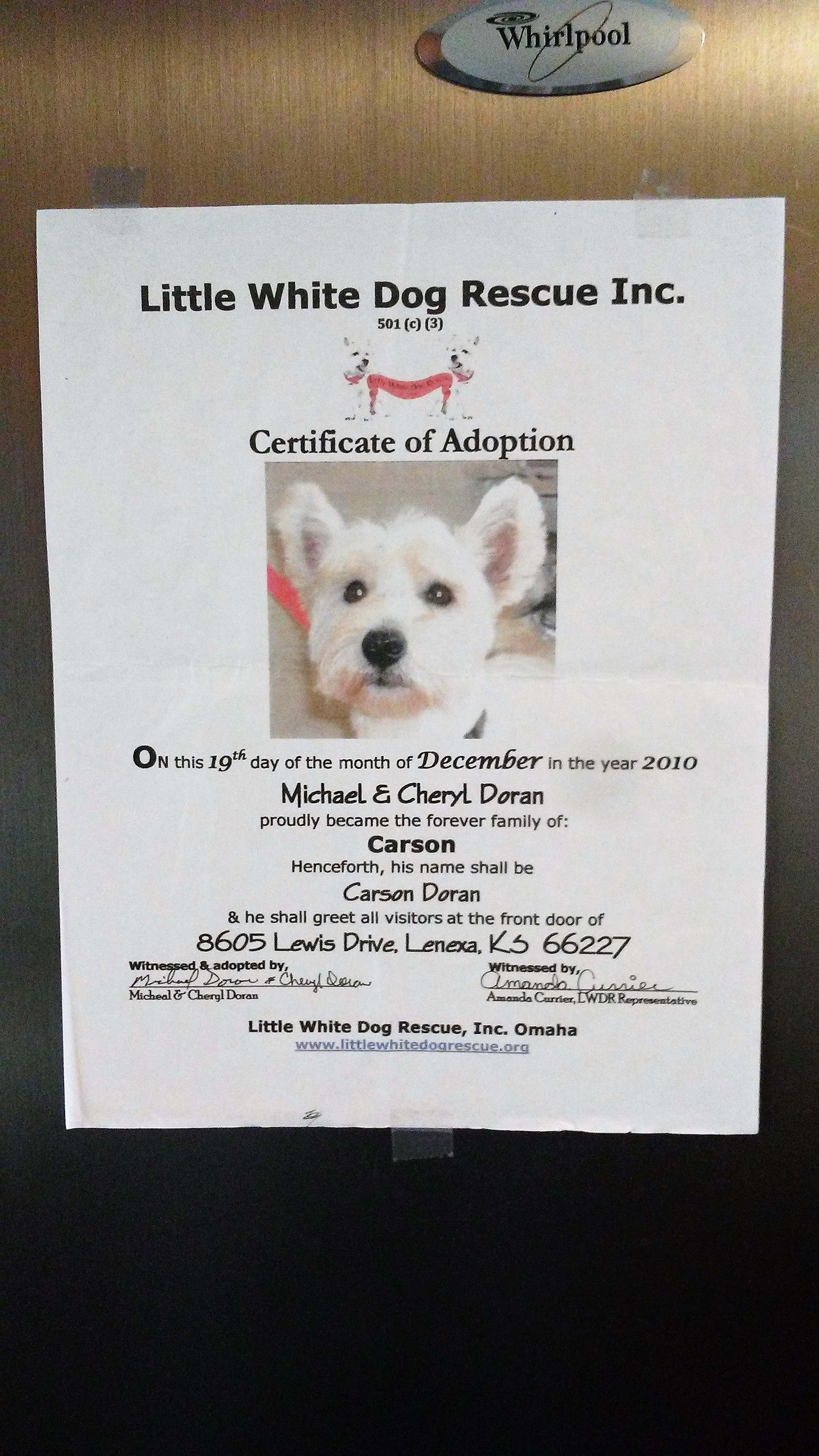Carson's Cert of Adoption