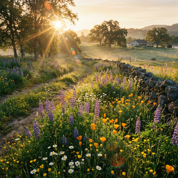 Spring meadow with wildflowers and sunlight